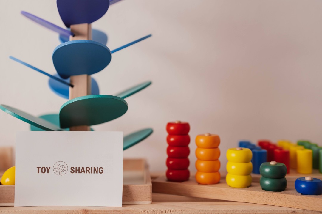 Lesene Montessori igrače za razvoj motorike otrok z logotipom ToySharing v ospredju